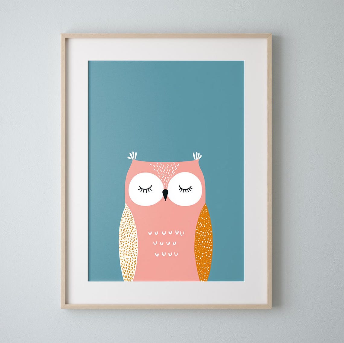Baby Nursery Print Pink Owl Blue Background Multiple Sizes