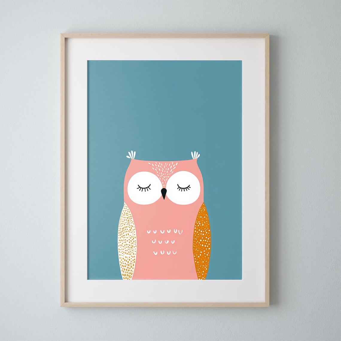 Cute Pink Owl Sleeping on Teal Blue Nursery Kids Room Poster