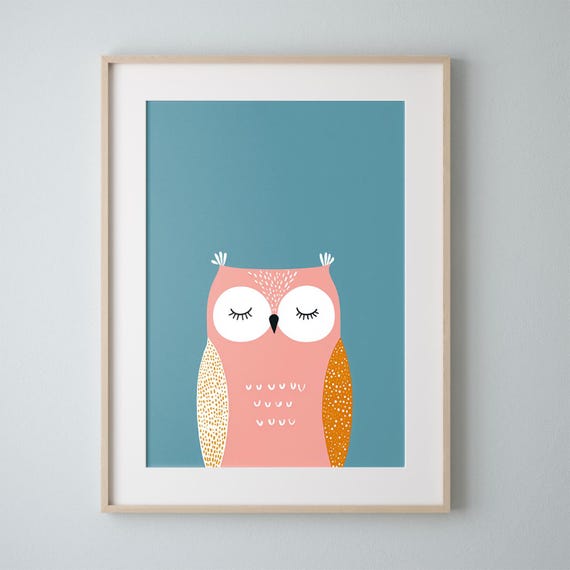 Baby Nursery Print Pink Owl Blue Background Multiple Sizes