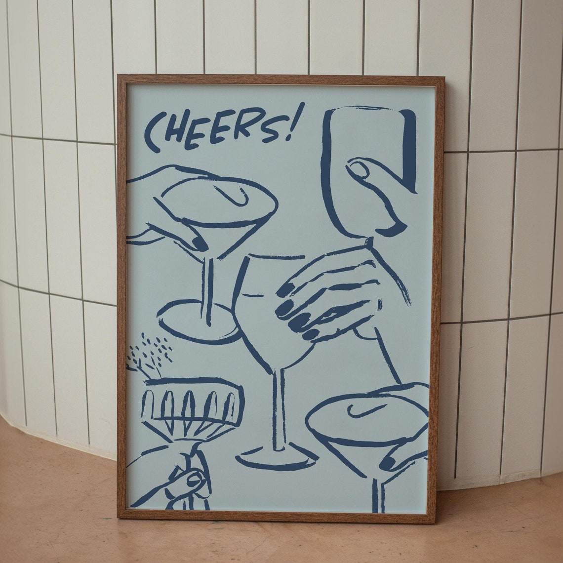 A Hand Drawn Blue Cheers Cocktail Toast On Light Blue Art Poster