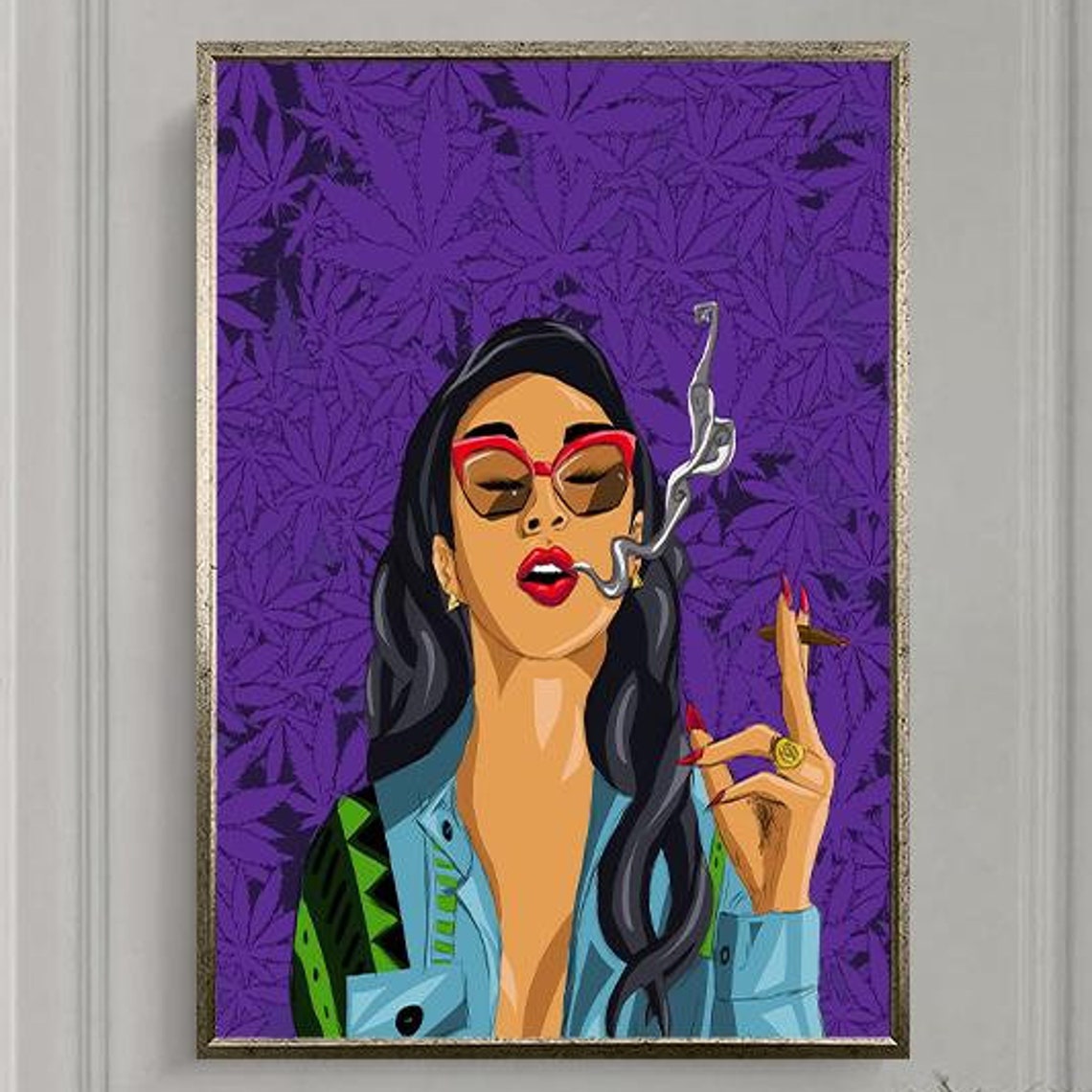 Pop Art Woman Smoking Against a Purple Cannabis Leaf Pattern Poster