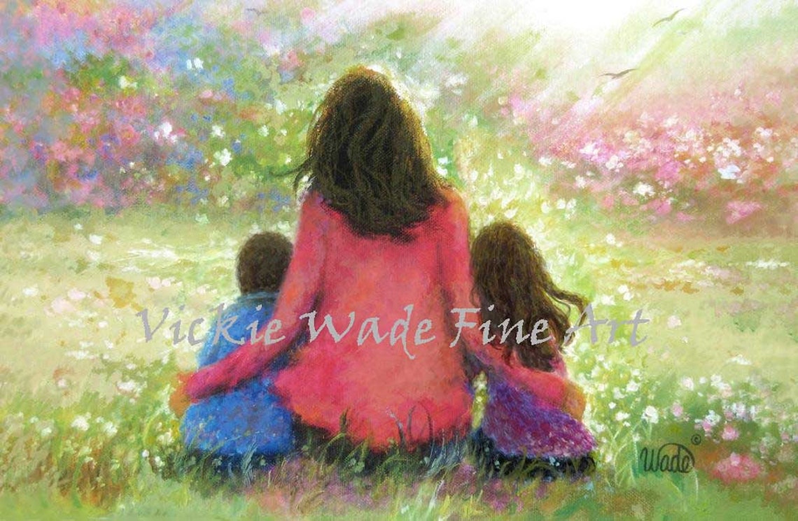 Mother Son And Daughter Art Print Sister And Brother Mom In Garden Mother Hugging Girl And Boy In Flower Garden Vickie Wade Art