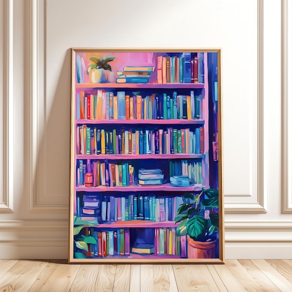 Bookshelf Painting, Colorful Abstract Book Lover