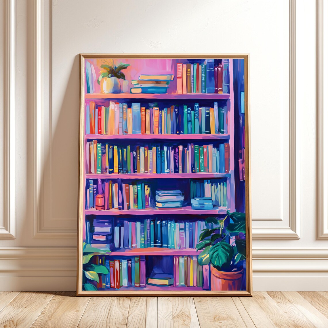 Bookshelf Painting, Colorful Abstract Book Lover