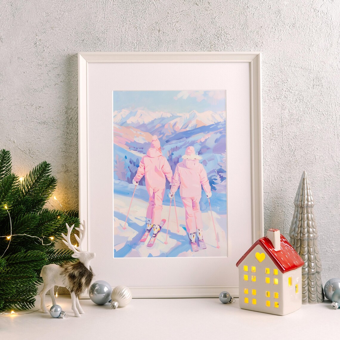Pastel Skiing Adventure Painting, Winter Mountain Scene - Image 4