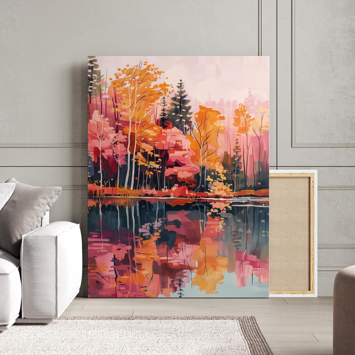 Colorful Autumn Forest Lake Painting, Landscape Art Print - Image 3