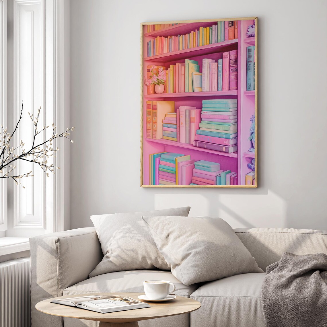 Pink Bookshelf Painting, Colorful Abstract Book Art - Image 3