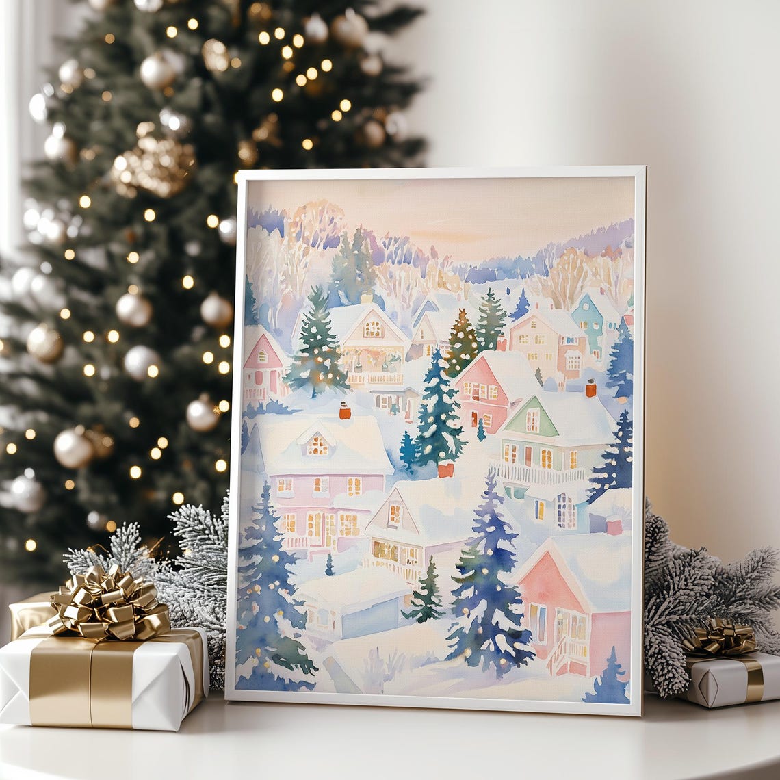 Pastel Christmas Winter Village, Holiday Art Print - Image 2
