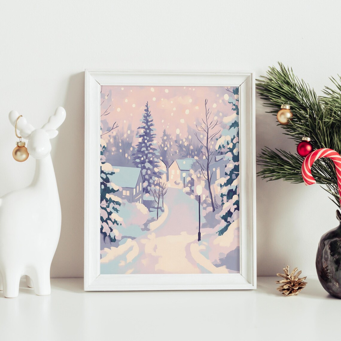Winter Pastel Village Painting, Christmas Landscape - Image 2