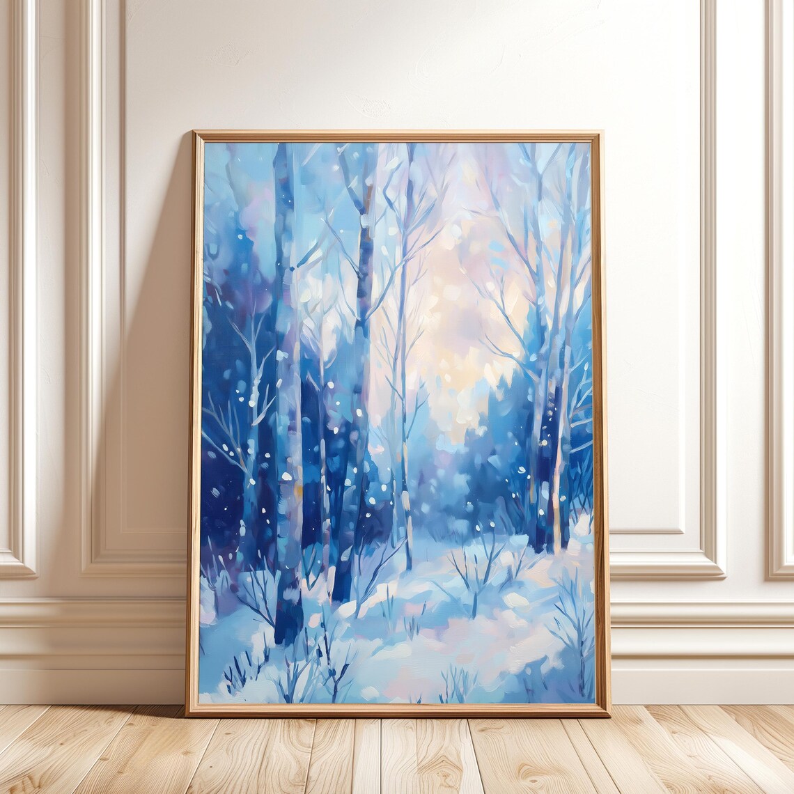 Winter Forest Landscape Painting, Snowy Birch Trees Art Print