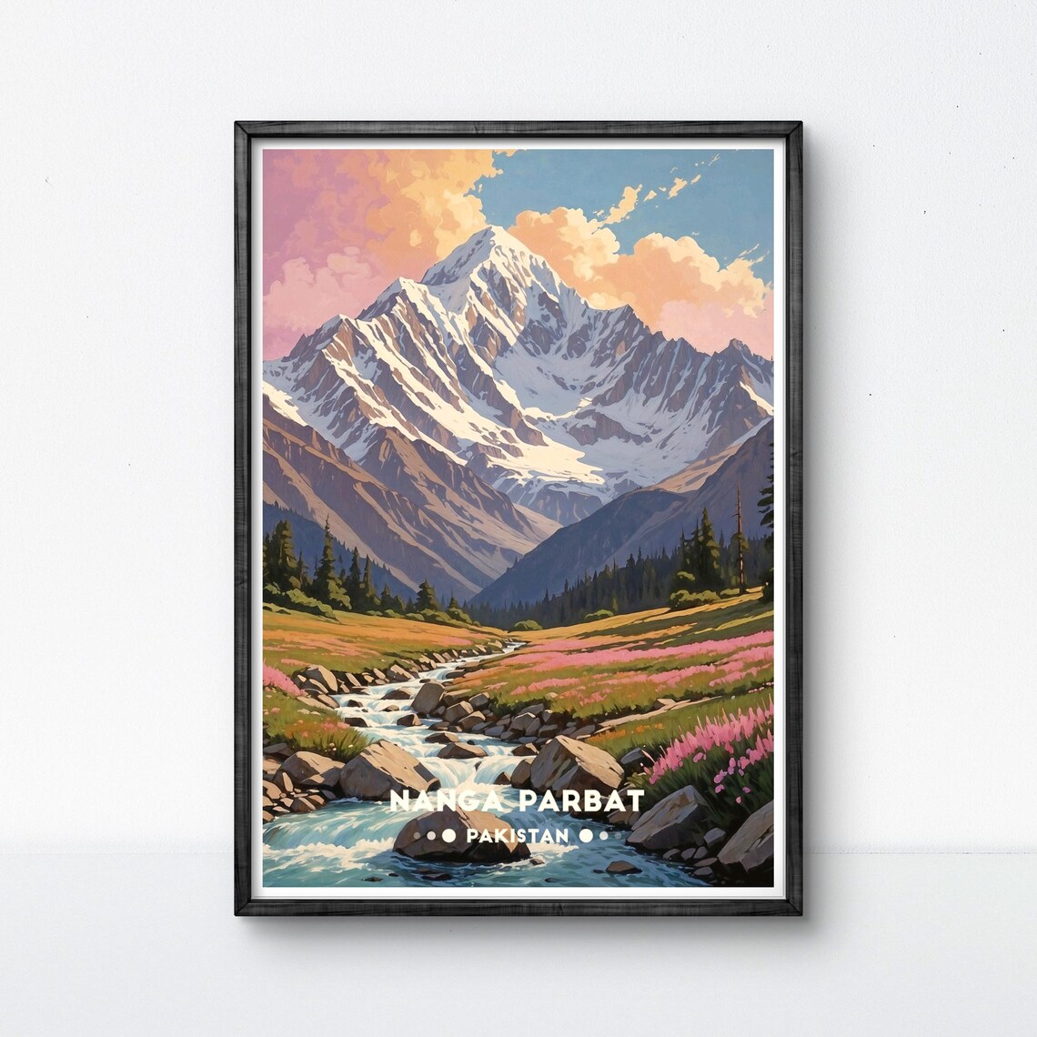 Nanga Parbat Pakistan Alpine Meadow Stream Wildflower Slope Poster