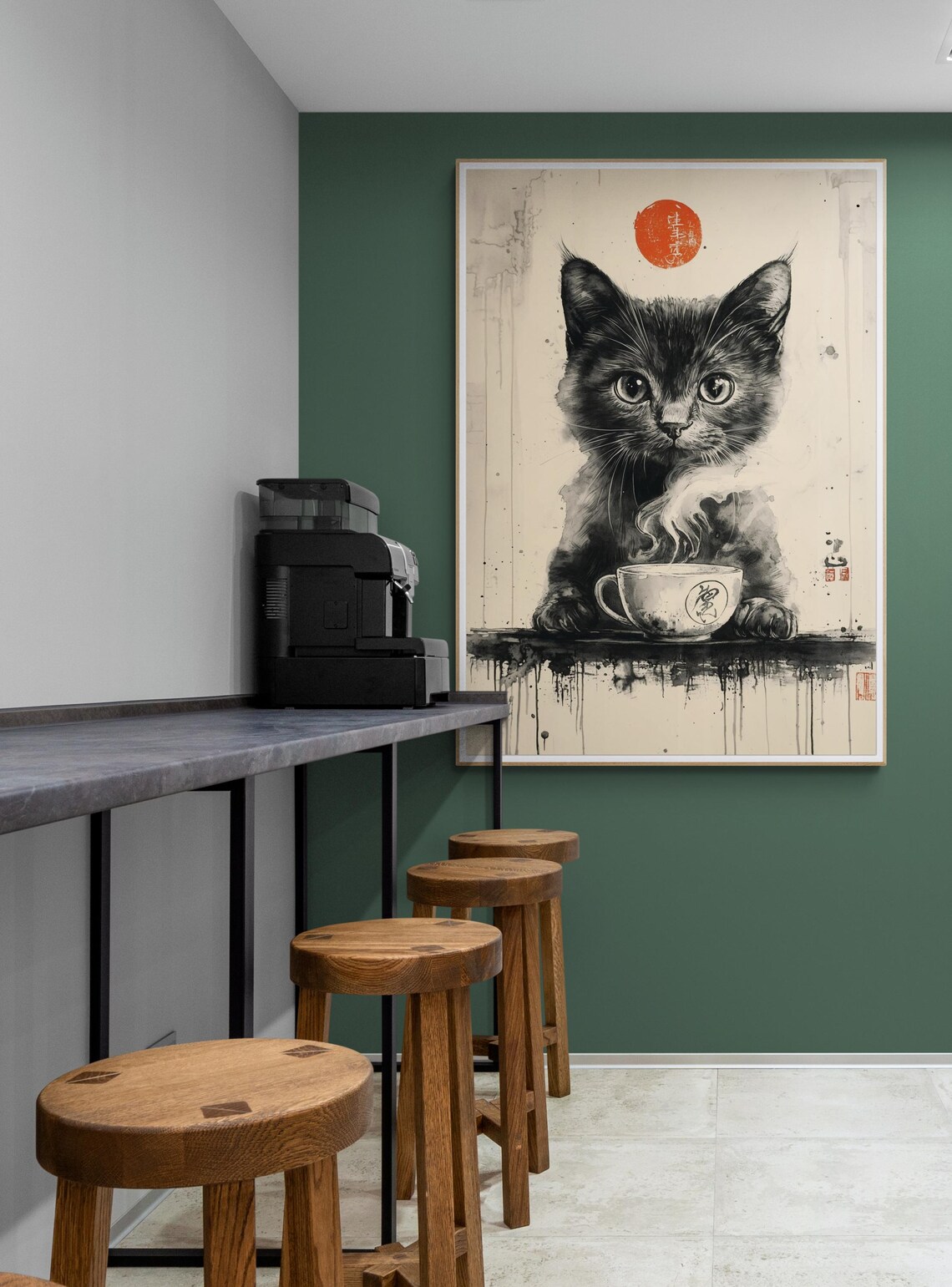 Black Cat With Tea Cup Minimalist Japanese Ink Wash Art Poster - Image 4