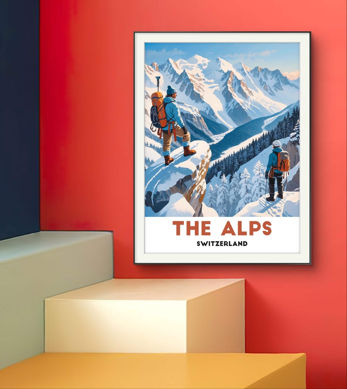 The Alps Switzerland Snowy Peaks Hikers Adventure Travel Poster - Image 2