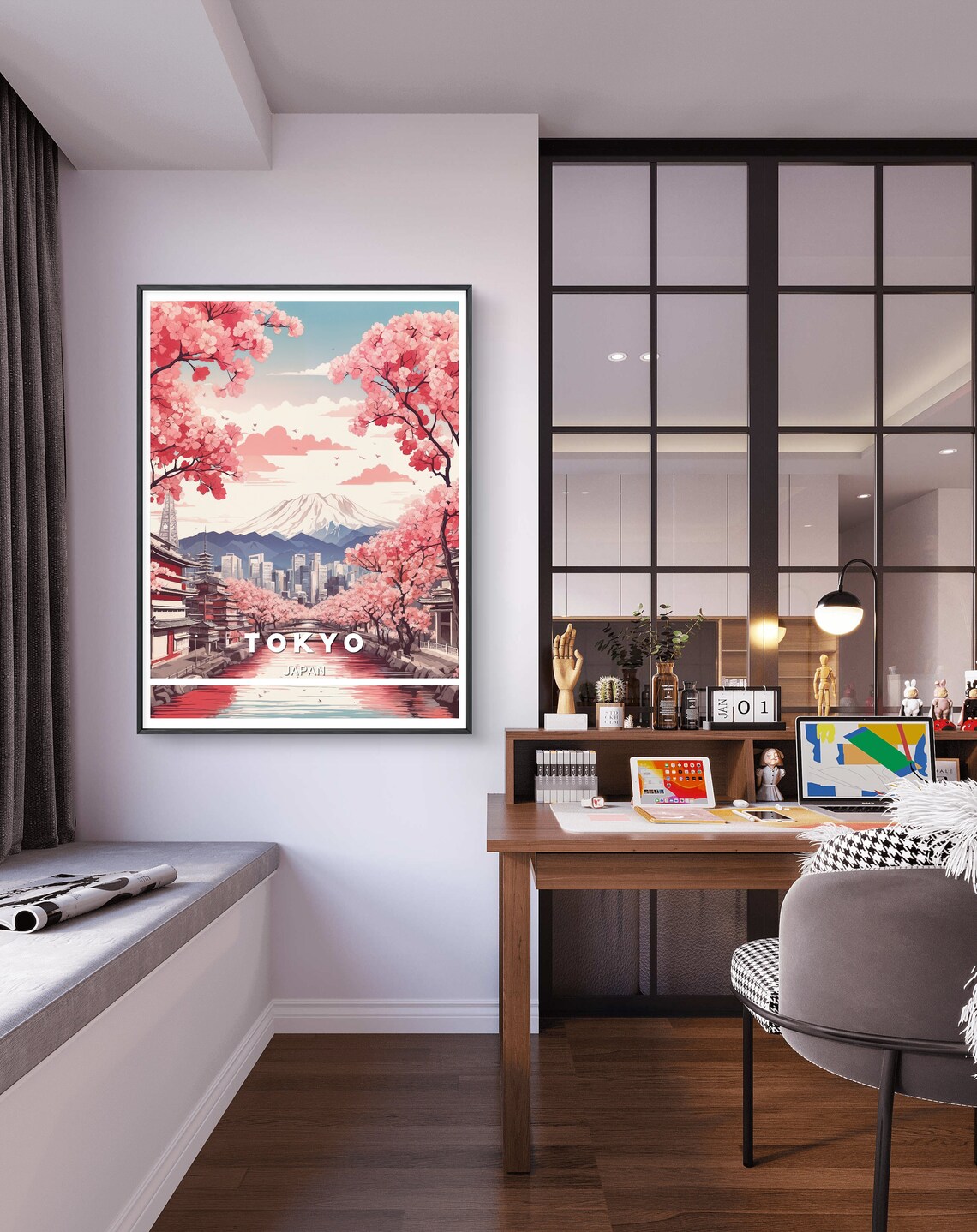 Tokyo Japan Cherry Blossom Canal Pagoda Mount Fuji Art Poster - Image 2