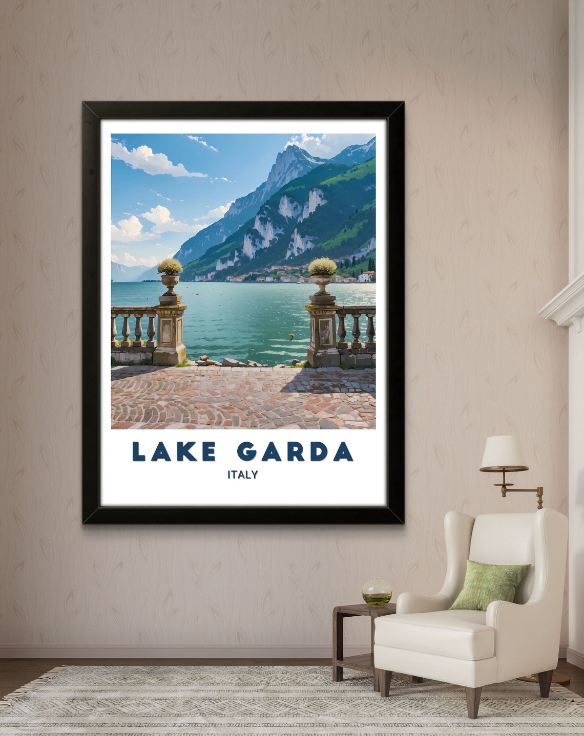 Lake Garda Italy Stone Terrace Flower Pots Mountain View Poster