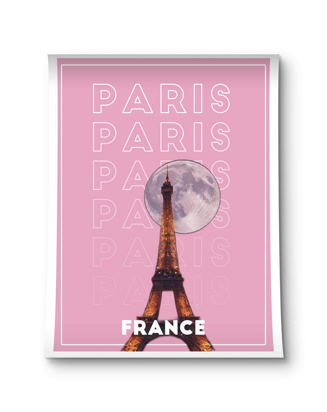 Paris France Eiffel Tower Full Moon Pink Romantic City Night Poster - Image 3