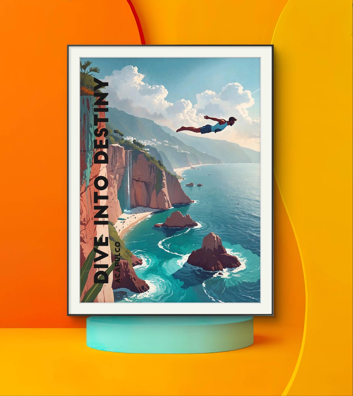 Acapulco Cliff Diver Dive Into Destiny Retro Coastal Art Poster - Image 2