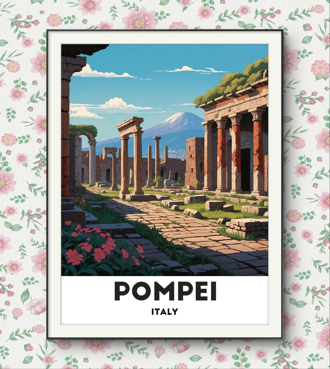 Pompei Italy Ancient Roman Ruins With Vesuvius Mountain View Poster