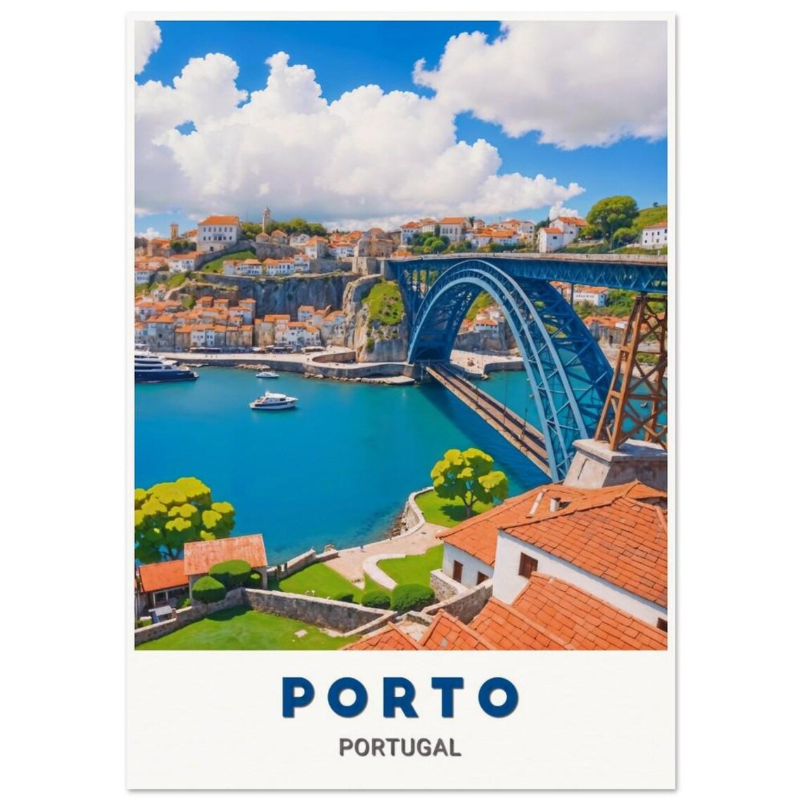 Porto Portugal Blue Arch Bridge Douro River Harbor Travel Poster