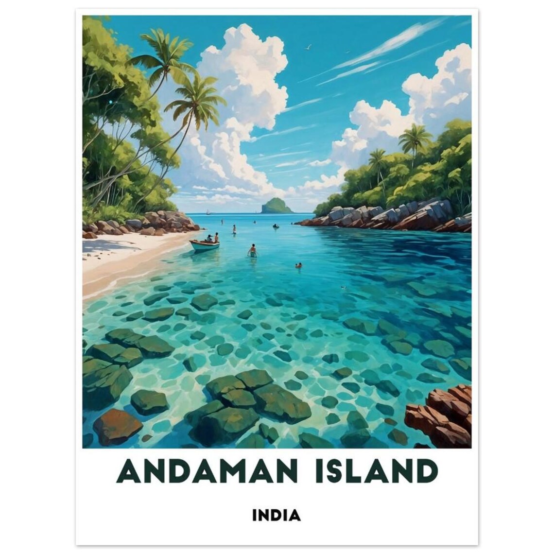 Andaman Island India Swimmers Turquoise Cove Palms Travel Poster - Image 2