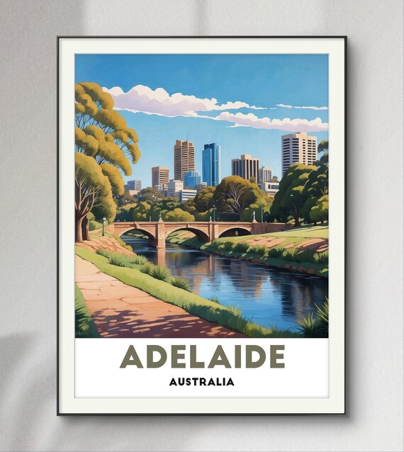 Adelaide Australia City Skyline With River Bridge Travel Poster