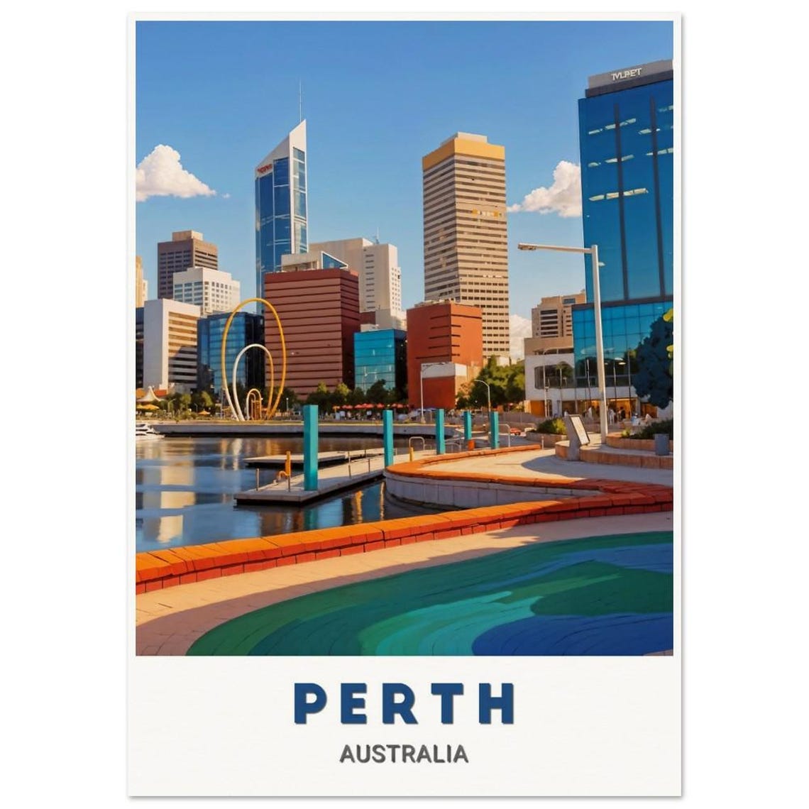 Perth Australia Waterfront Promenade Modern Towers Art Poster