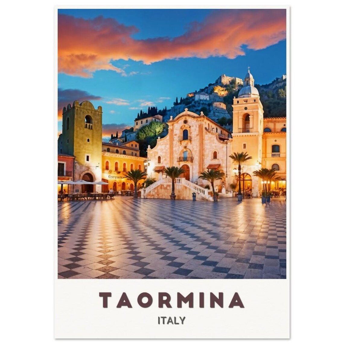 Taormina Italy Sunset Piazza Historic Church Town Art Poster