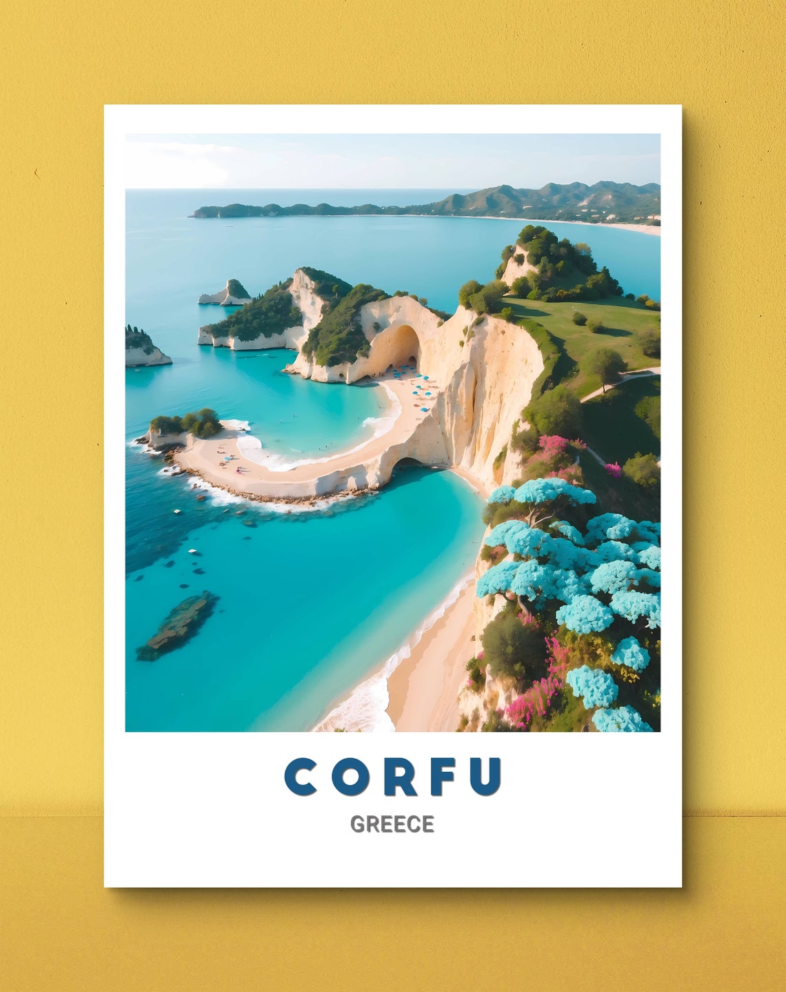 Corfu Sea Arch Hidden Cove Aerial Beach Umbrellas Travel Poster