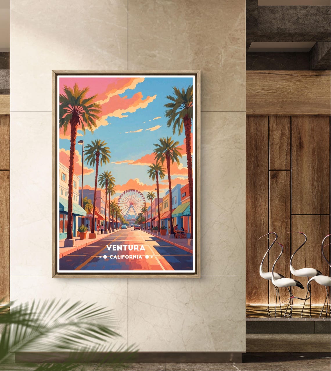 Ventura Poster California Street Art Coastal City Wall Decor Retro Ferris Wheel Print Ventura California Poster Palm Tree Street Scene - Image 4