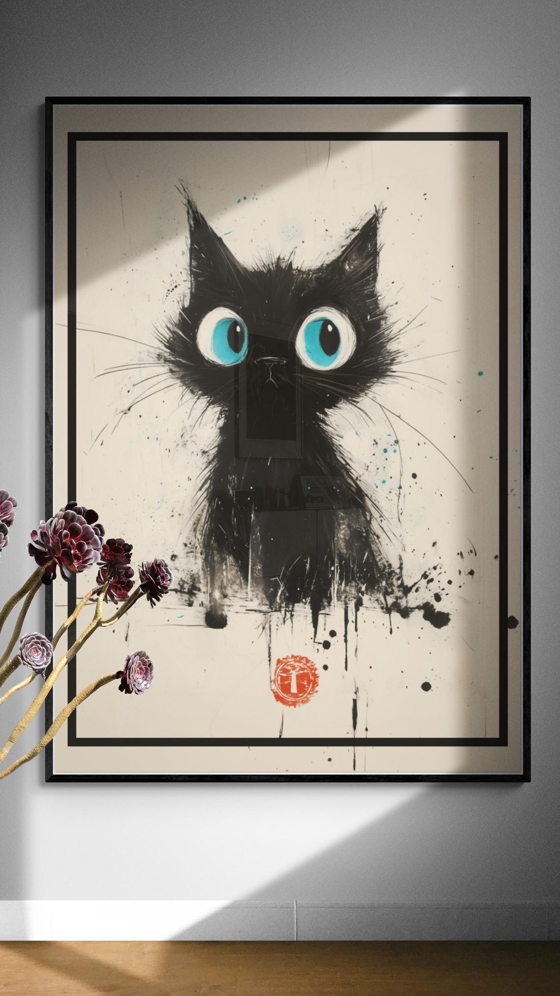 Wide Eyed Black Kitten Ink Splatter Minimalist Cat Art Poster - Image 2