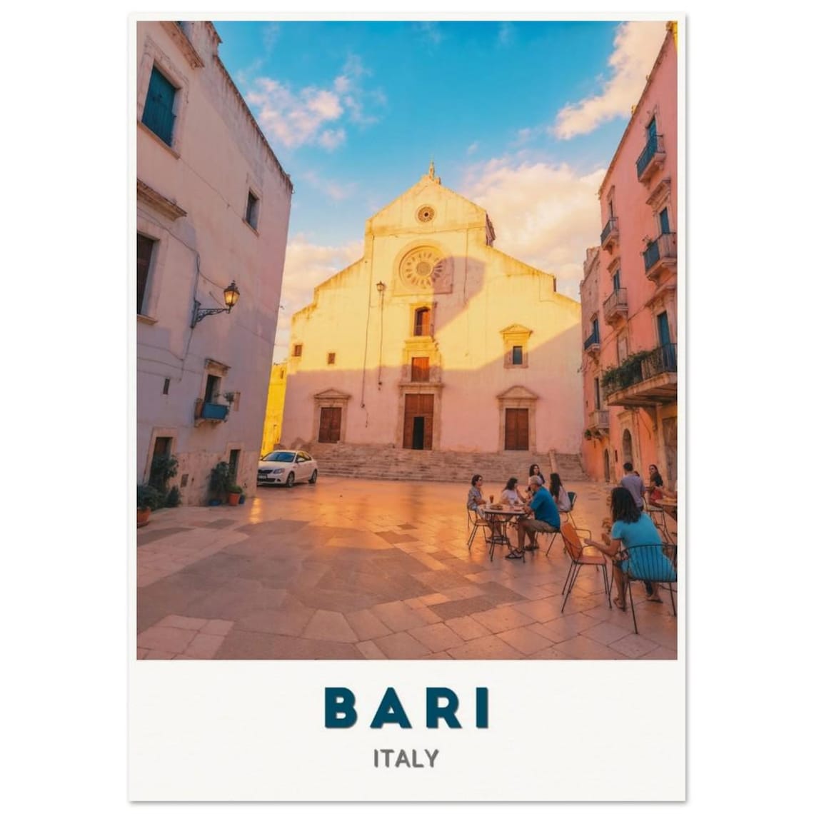 Bari Italy Piazza Cathedral Warm Sunset Street Cafe Photo Travel Poster