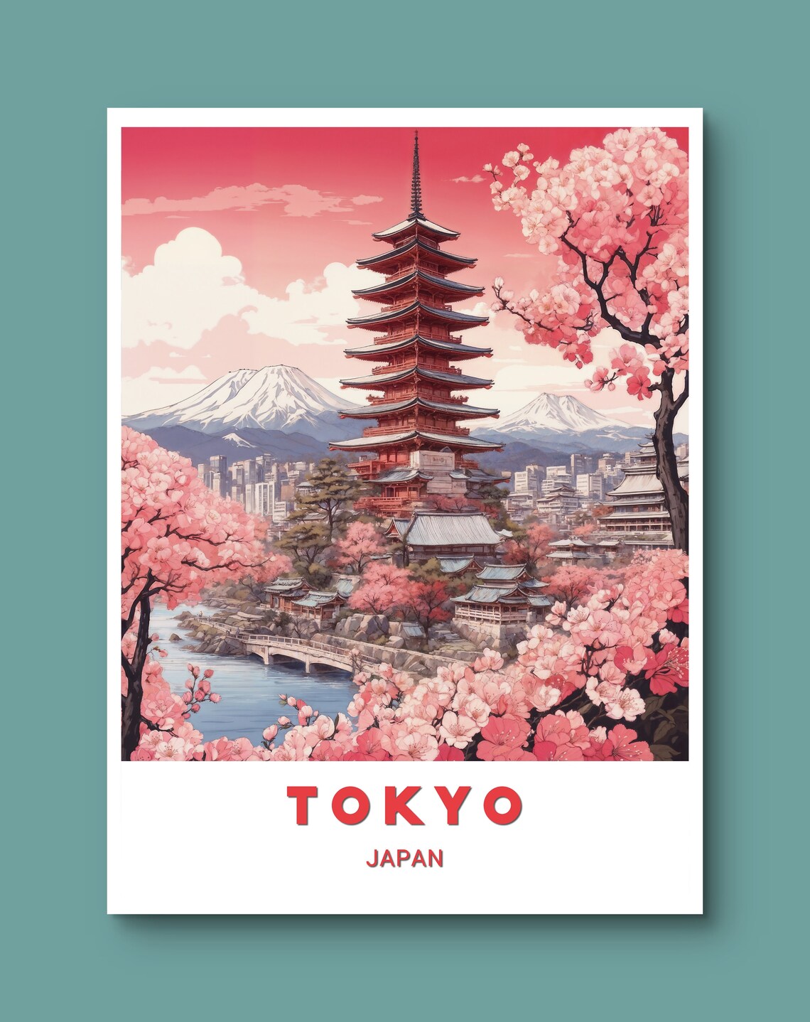 Tokyo Japan Pagoda Cherry Blossom Mount Fuji Sunset Travel Poster