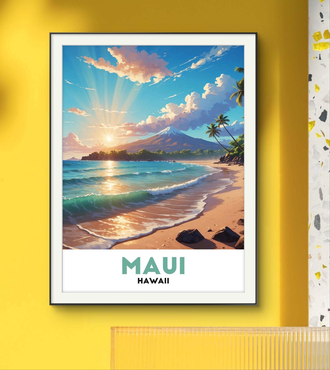 Maui Hawaii Sunrise Tropical Beach Illustrated Travel Poster - Image 2