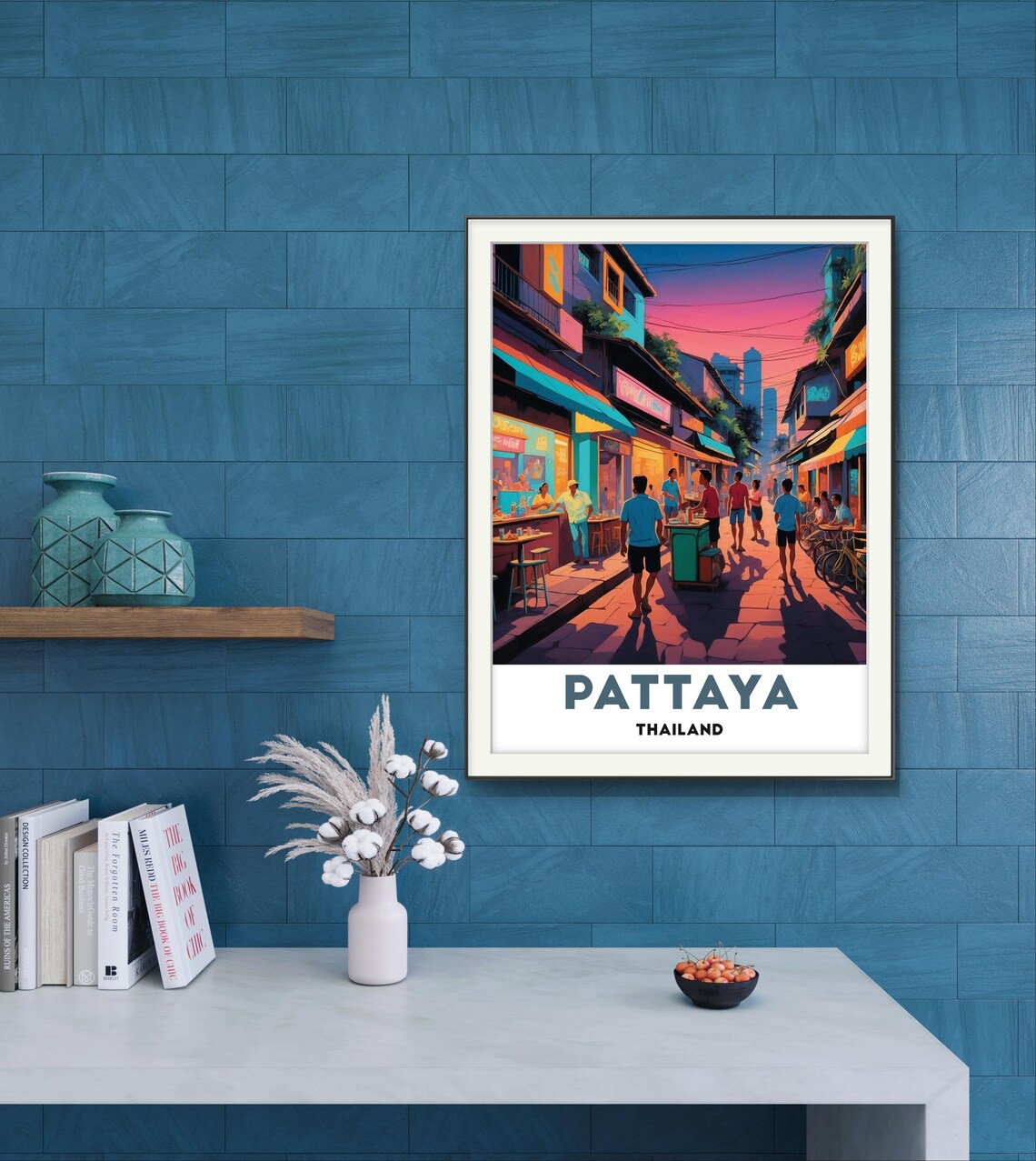 Pattaya Thailand Sunset Street Scene With Neon Shops and Crowds Poster