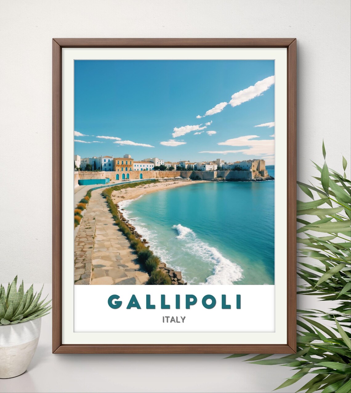 Gallipoli Italy Coastal Walkway Historic Walls Turquoise Sea Poster - Image 2