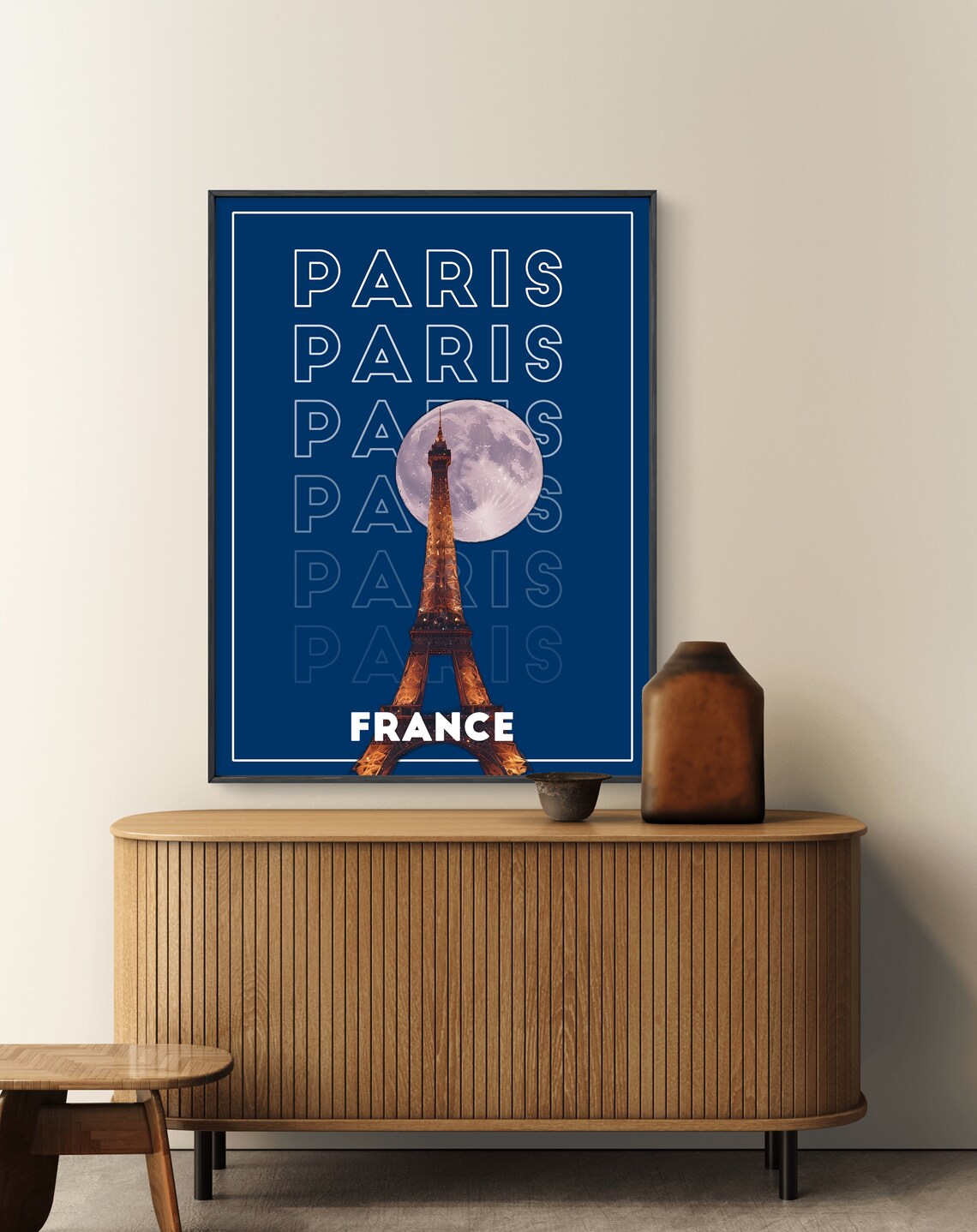 Paris France Eiffel Tower Full Moon Typography Travel Poster - Image 2