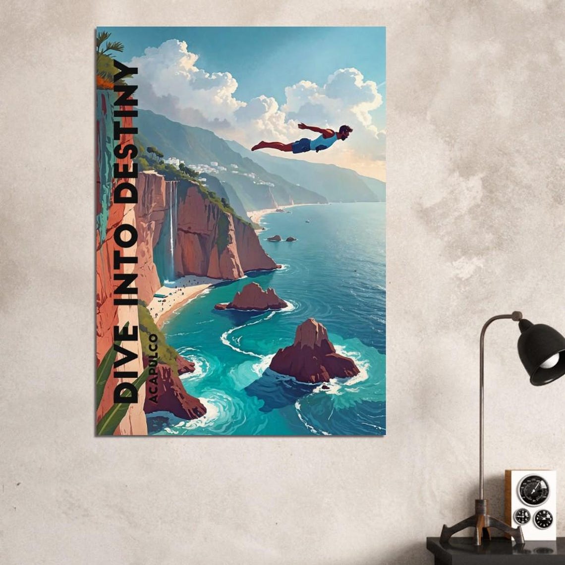 Acapulco Cliff Diver Dive Into Destiny Retro Coastal Art Poster - Image 3