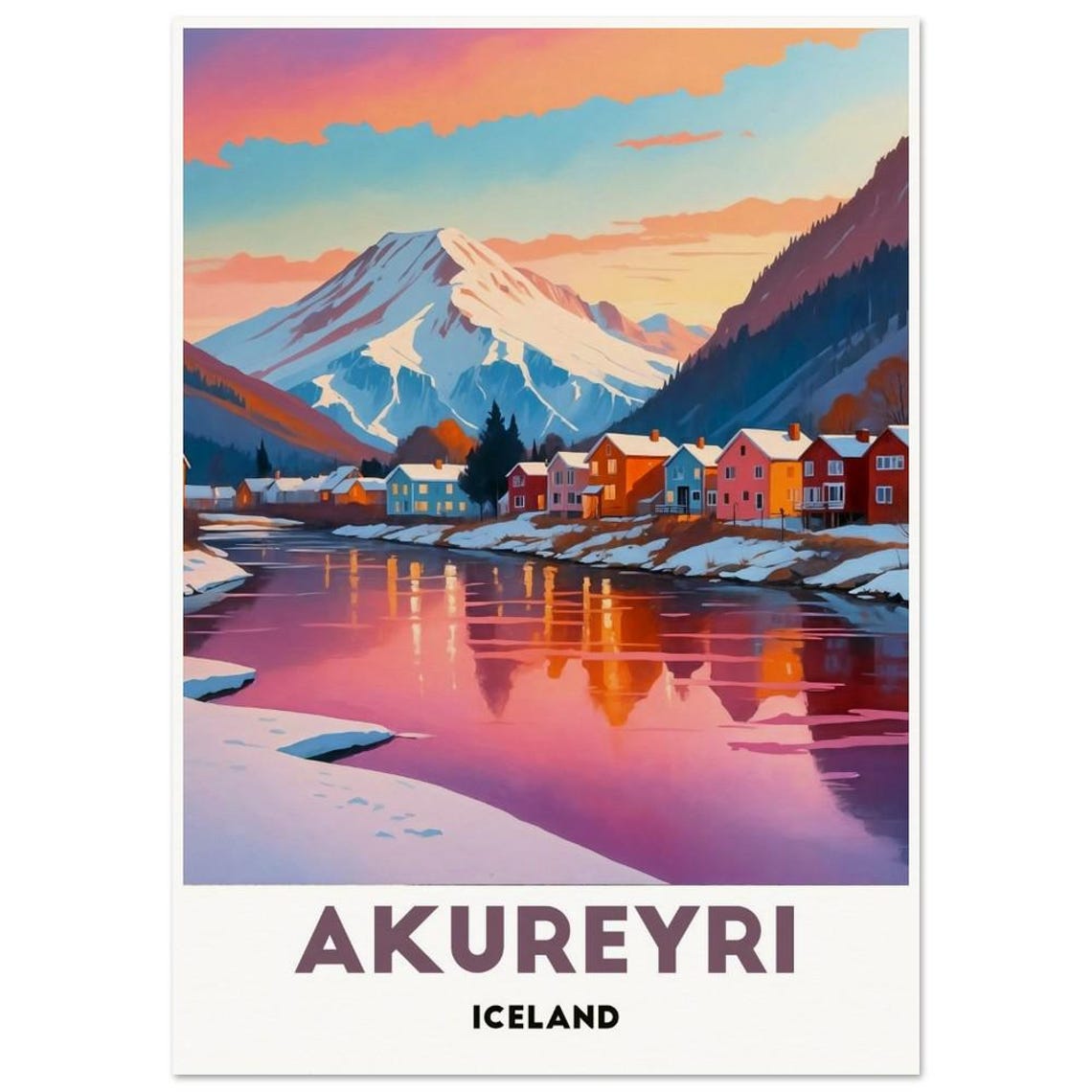 Akureyri Iceland Snowy Nordic Town Winter Reflection Travel Poster - Image 3