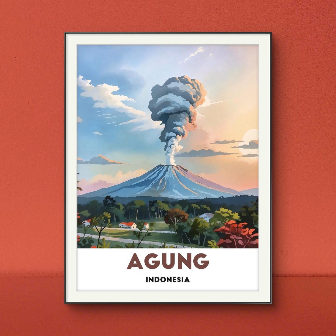 Mount Agung Indonesia Smoking Volcano At Sunset Travel Poster