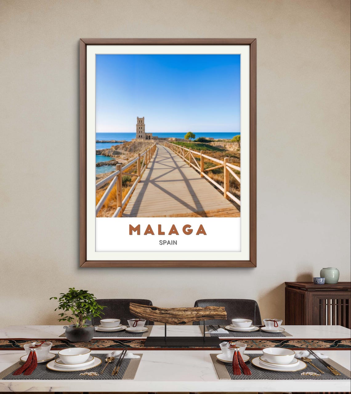 Malaga Spain Coastal Boardwalk Old Stone Tower Sea Travel Poster - Image 2