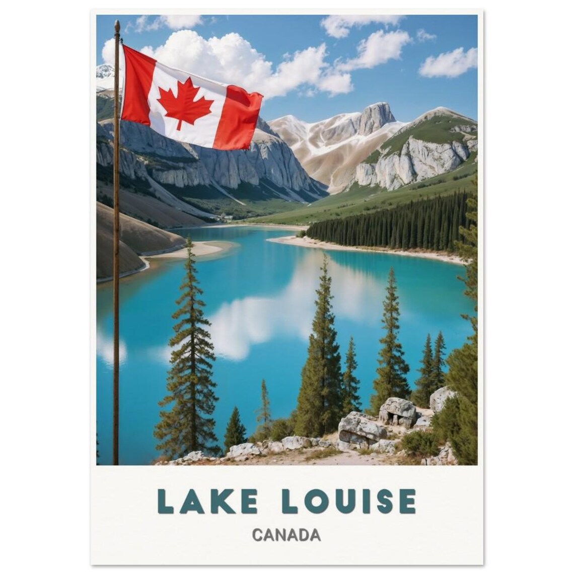 Lake Louise Canada Flag Waving Over Turquoise Lake Vintage Poster