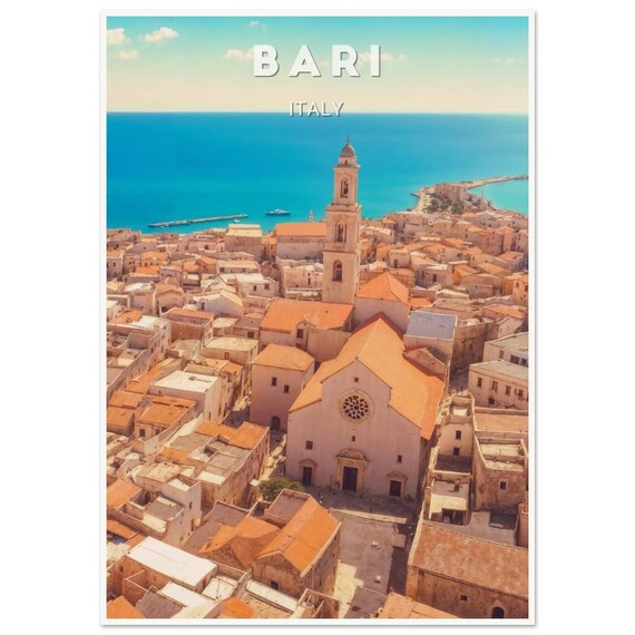 Bari Italy Aerial Old Town Cathedral Terracotta Roofs Photo Travel Poster