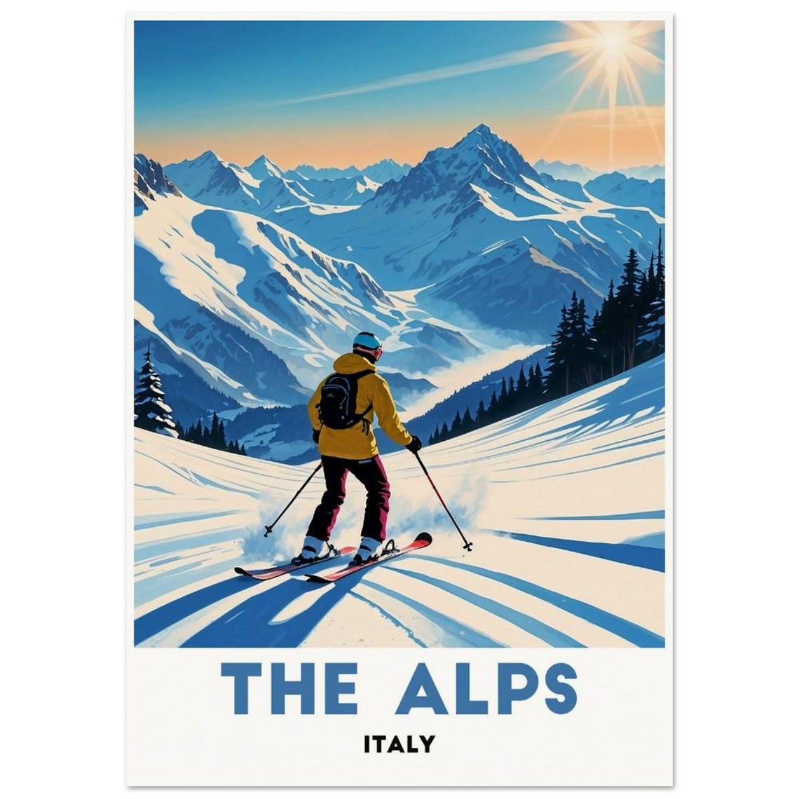 The Alps Italy Skier Snowy Mountain Winter Adventure Travel Poster - Image 3