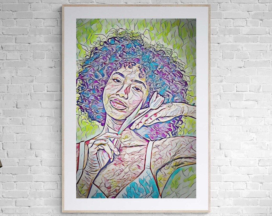Curly Haired Woman in Blue and Purple Pop Art Portrait Print