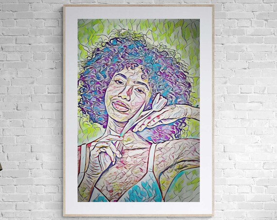 Curly Haired Woman in Blue and Purple Pop Art Portrait Print