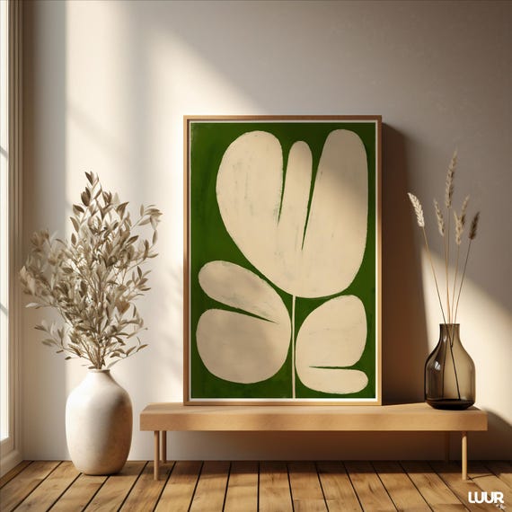 Boho Wall Art Sage Green Abstract Bold Flower Poster Floral For Living Room Decor Print