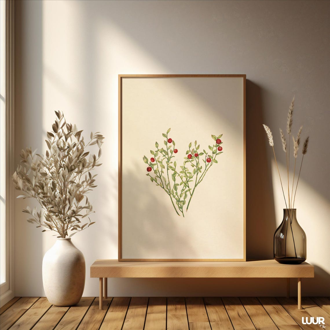 Minimalist Winter Berry Branches Sage Green Botanical Wall Art