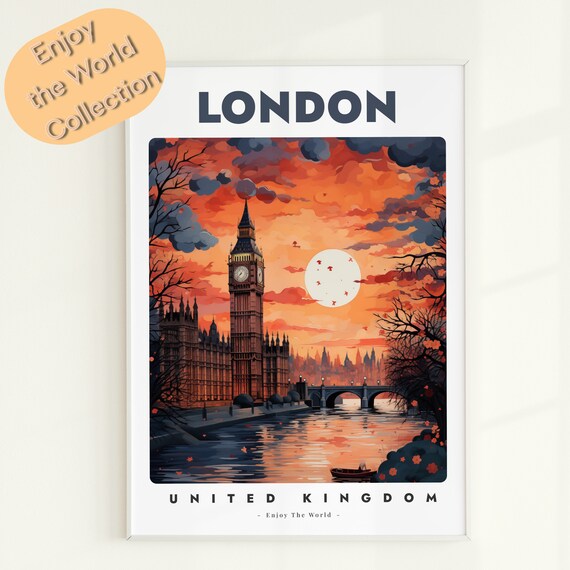 London United Kingdom Big Ben Autumn Sunset Vintage Travel Poster