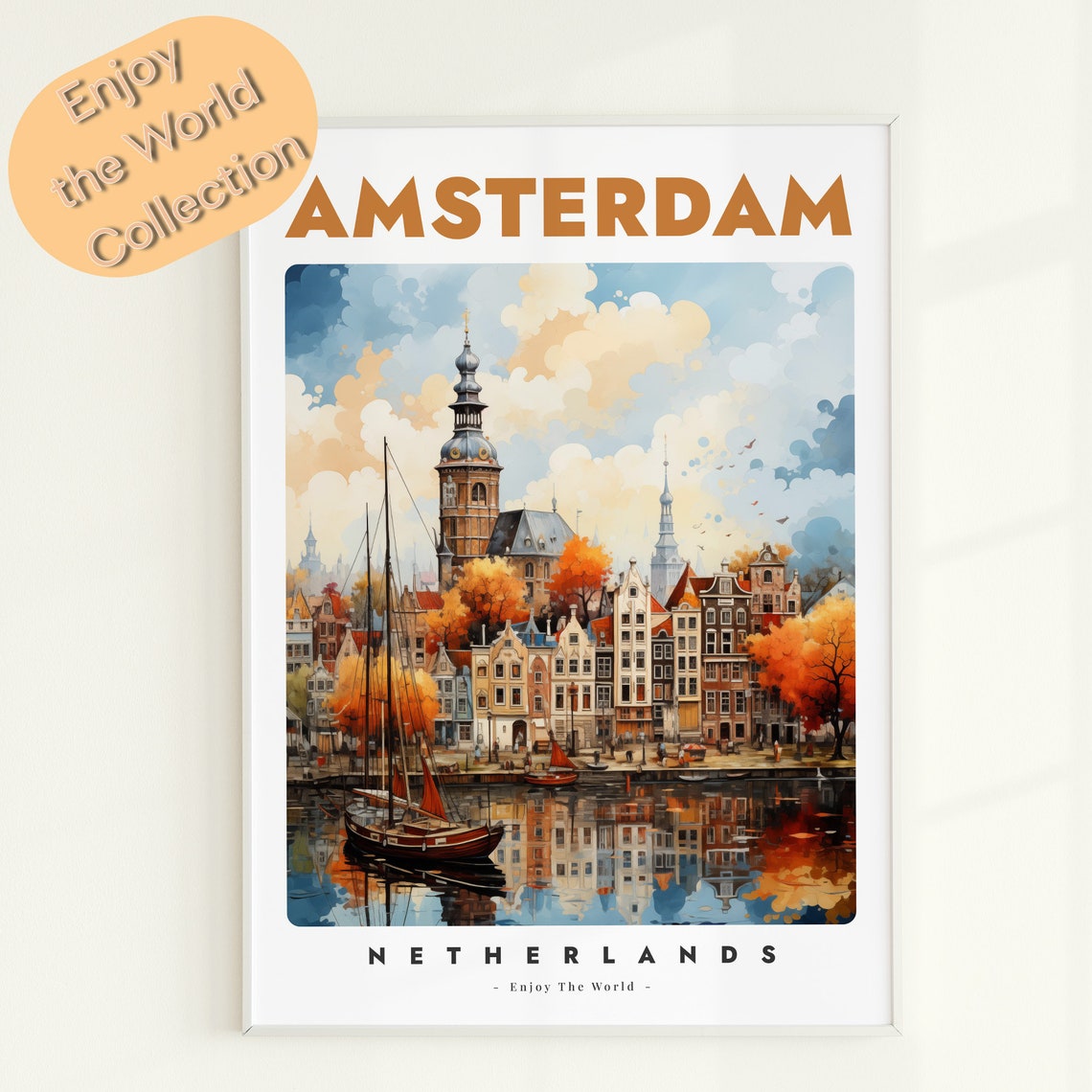 Amsterdam Netherlands Autumn Harbor Scene Vintage Travel Poster