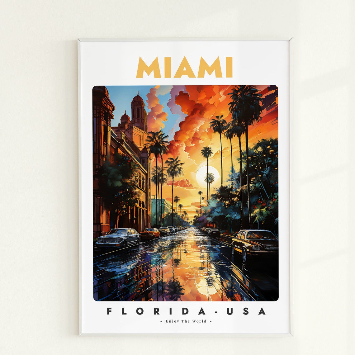 Miami Florida Sunset Palm Tree Street Retro Vintage Travel Poster
